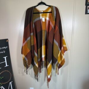 NWT Cato Plaid Open Front Fringe Shawl Wrap One Size